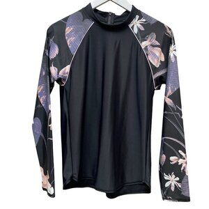 All in Motion Rashguard Top M-XL Black Floral Beach Shirt Stretch